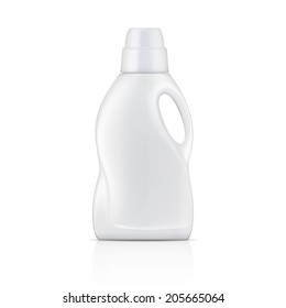 White plastic bottle for liquid laundry detergent or cleaning agent or bleach or fabric softener. Packaging collection. Vector illustration.