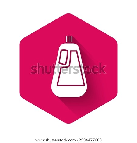 White Plastic bottle for liquid laundry detergent, bleach, dishwashing liquid icon isolated with long shadow. Pink hexagon button. Vector Illustration