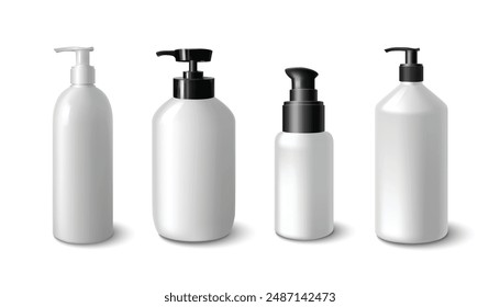 White plastic bottle mockup with pump cap for cosmetic or shampoo branding. Realistic 3d vector illustration set of liquid soap or lotion container with dispenser. Skincare and makeup product template