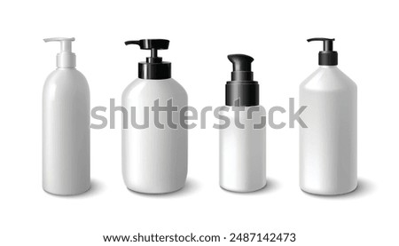 White plastic bottle mockup with pump cap for cosmetic or shampoo branding. Realistic 3d vector illustration set of liquid soap or lotion container with dispenser. Skincare and makeup product template