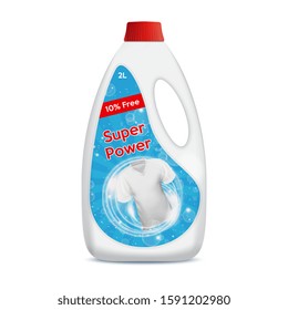 White plastic bottle on the white background for liquid laundry detergent, cleaning agent, bleach for fabric with label. Vector illustration.