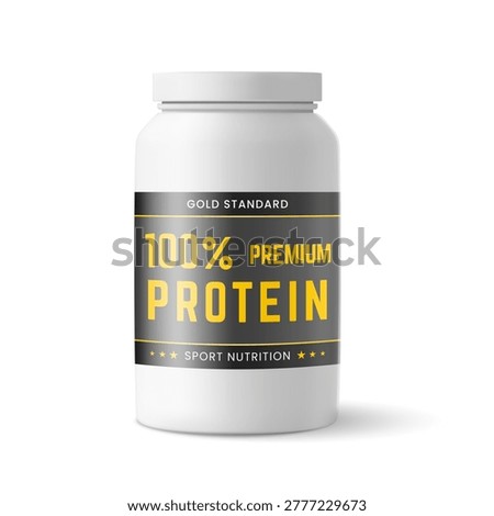 White plastic bottle with Premium protein label gold standard 3D vector mockup. Sport nutrition. Realistic whey protein canister. Supplement container package. Powder can sample design, jar with cap