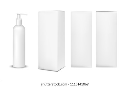 White plastic bottle with pump dispenser. Vertical paper box.