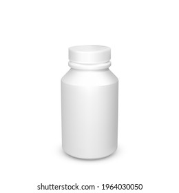 White plastic bottle template isolated on white background. Container for pills. Vector illustration