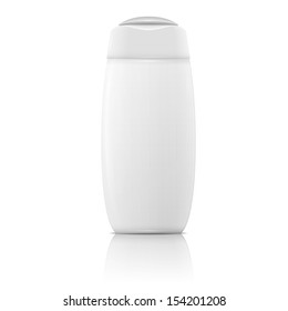 White plastic bottle template for shampoo, shower gel, lotion, body milk, bath foam. Ready for your design. Vector illustration.