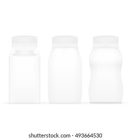 White Plastic Bottle For Yogurt Or Medical Product Isolated Set Template. EPS10 Vector