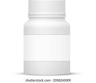 White Plastic Bottles with blank prescription label for Meds Cosmetics, Drugs, Pills or Capsules