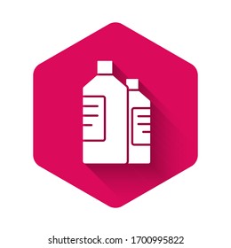 White Plastic bottles for laundry detergent, bleach, dishwashing liquid or another cleaning agent icon isolated with long shadow. Pink hexagon button. Vector Illustration