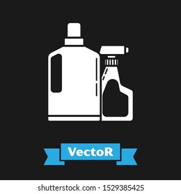 White Plastic bottles for liquid laundry detergent, bleach, dishwashing liquid or another cleaning agent icon isolated on black background.  Vector Illustration