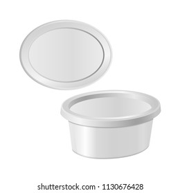 White plastic box for your design and logo. Mock up for cheese, cream cheese, butter, etc. Side view, top view, vector template for your design