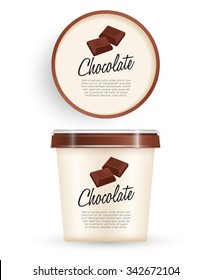 White Plastic Bucket With Brown Lid : Chocolate Ice cream or Yogurt Container : Vector Illustration