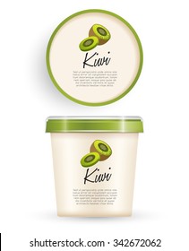 White Plastic Bucket With Green Lid : Kiwi Ice cream or Yogurt Container : Vector Illustration