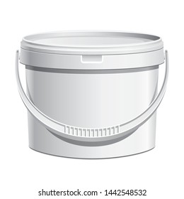 White plastic bucket with plastic handle. Realistic vector illustration of product packaging container.