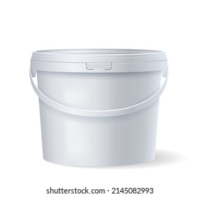 White plastic bucket with lid and handle. Template product packaging for food or paints, 3d mockup for branding design. Vector illustration