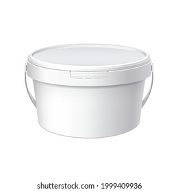 White plastic bucket with White lid. Product Packaging For food, foodstuff or paints, adhesives, sealants, primers, putty. Vector