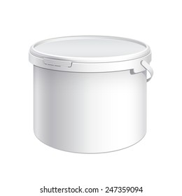 White plastic bucket with White lid. Product Packaging For food, foodstuff or paints, adhesives, sealants, primers, putty. Vector illustration