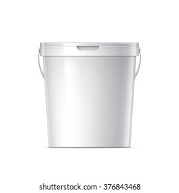 White plastic bucket with White lid. Product Packaging For food, foodstuff or paints, adhesives, sealants, primers, putty. MockUp Template For Your Design. Vector illustration.