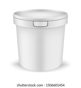 White plastic bucket with lid, realistic vector mockup. Blank packaging pail container, template.