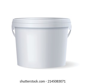 White plastic bucket with white lid. Template mockup for branding, product packaging for food, paint, adhesive, sealant. 3d vector illustration