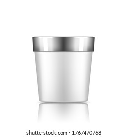 White plastic bucket mockup isolated from background: ice cream or yogurt container. Package design for branding. Blank food, medical, body or facial care template. 3d realistic vector illustration