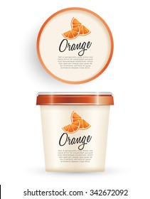 White Plastic Bucket With Orange Lid : Orange Ice cream or Yogurt Container : Vector Illustration