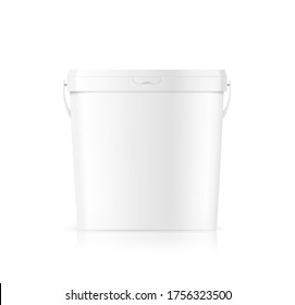 White plastic bucket for paints, food. Realistic vector illustration isolated on white background. Ready for your design. EPS10.	
