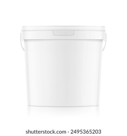 White plastic bucket for paints, horeca food, glue. Realistic vector illustration isolated on white background. Ready for your design. EPS10.