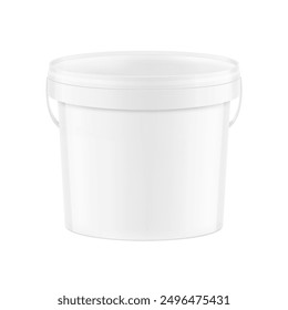 White plastic bucket for paints, horeca food, glue. Realistic vector illustration isolated on white background. Ready for your design. EPS10.