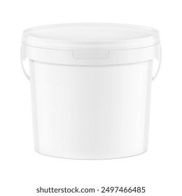 White plastic bucket for paints, horeca food, glue. Realistic vector illustration isolated on white background. Ready for your design. EPS10.