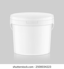 White plastic bucket for paints, horeca food, glue. Realistic vector illustration isolated on grey background. Ready for your design. EPS10.