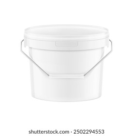 White plastic bucket for paints, horeca food, glue. Realistic vector illustration isolated on white background. Ready for your design. EPS10.	