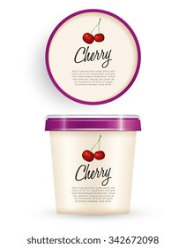 White Plastic Bucket With Pink Lid : Cherry Ice cream or Yogurt Container : Vector Illustration