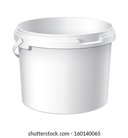 White plastic bucket. Product Packaging For food, foodstuff or paints, adhesives, sealants, primers, putty. Vector illustration