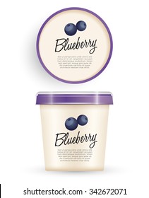 White Plastic Bucket With Purple Lid : Blueberry Ice cream or Yogurt Container : Vector Illustration