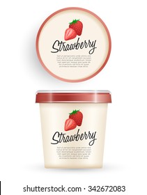 White Plastic Bucket With Red Lid : Strawberry Ice Cream Or Yogurt Container : Vector Illustration