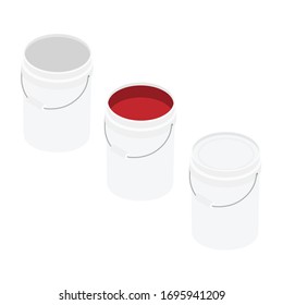 White plastic bucket set with red color paint isolated on white background isometric view