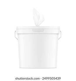 White plastic bucket wet wipes for gym. Realistic vector illustration isolated on white background. Ready for your design. EPS10.	