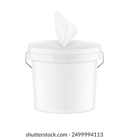 White plastic bucket wet wipes for gym. Realistic vector illustration isolated on white background. Ready for your design. EPS10.