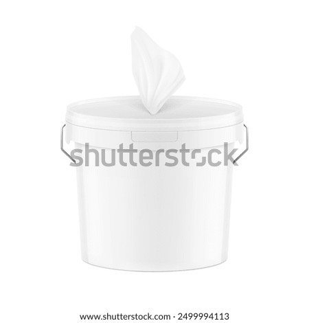 White plastic bucket wet wipes for gym. Realistic vector illustration isolated on white background. Ready for your design. EPS10.