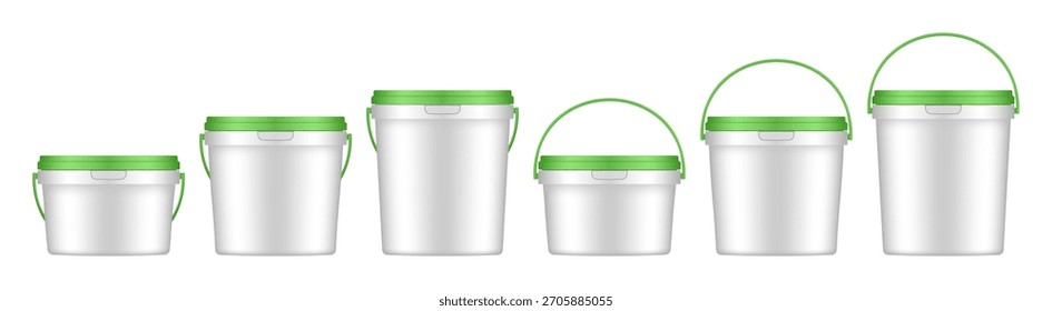 Cubos de plástico blanco con asa y tapa verdes. Maqueta de Vector de un empaque de alimentos o mezclas de construcción. Un cubo de pintura o masilla. Tamaños Pequeños, Medianos y Grandes