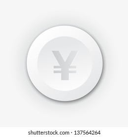 White plastic button with yen sign. Vector icon with shadow