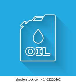 White Plastic canister for motor machine oil line icon isolated with long shadow. Oil gallon. Oil change service and repair. Engine oil sign. Vector Illustration