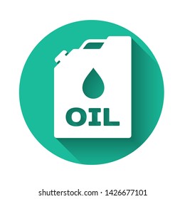 White Plastic canister for motor machine oil icon isolated with long shadow. Oil gallon. Oil change service and repair. Engine oil sign. Green circle button. Vector Illustration