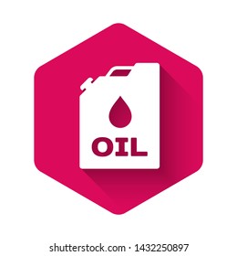 White Plastic canister for motor machine oil icon isolated with long shadow. Oil gallon. Oil change service and repair. Engine oil sign. Pink hexagon button. Vector Illustration