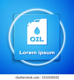 White Plastic canister for motor machine oil icon isolated on blue background. Oil gallon. Oil change service and repair. Engine oil sign. Blue square button. Vector Illustration