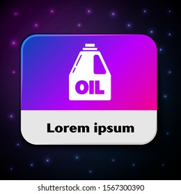 White Plastic canister for motor machine oil icon isolated on black background. Oil gallon. Oil change service and repair. Rectangle color button. Vector Illustration