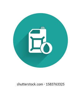 White Plastic canister for motor machine oil icon isolated with long shadow. Oil gallon. Oil change service and repair. Green circle button. Vector Illustration