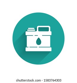White Plastic canister for motor machine oil icon isolated with long shadow. Oil gallon. Oil change service and repair. Green circle button. Vector Illustration