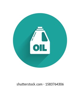 White Plastic canister for motor machine oil icon isolated with long shadow. Oil gallon. Oil change service and repair. Green circle button. Vector Illustration