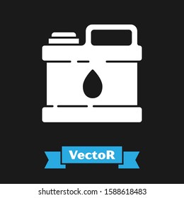White Plastic canister for motor machine oil icon isolated on black background. Oil gallon. Oil change service and repair.  Vector Illustration